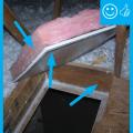 Right –  Attic access hatch has been properly insulated by attaching a fiberglass batt, gasketed, and opening has blocking