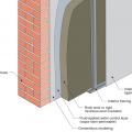 Masonry wall interior retrofit with parge coat, fluid-applied water control layer, mineral wool rigid foam, and wood or metal stud service cavity (climate zones 1-4 only) 