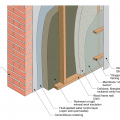 Masonry wall interior retrofit with parge coat, fluid-applied water control layer, rigid mineral wool, wood-framed wall with cavity insulation, smart vapor barrier, and wood or metal service cavity 