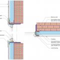 Side and plan views of window-to-wall interface in masonry wall retrofit including three layers of rigid foam exterior insulation, box extensions, and flashing around new windows.