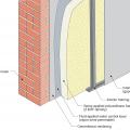 Masonry wall interior retrofit with parge coat, fluid-applied water control layer, spray foam, and wood or metal stud service cavity 