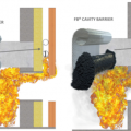 Fire barriers for ventilated wall cavities use thermally activated expansive materials to close off the ventilation space between the wall cladding and the sheathing during a fire while allowing air flow through the metal mesh during normal conditions
