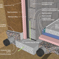 Concrete masonry unit (CMU) basement wall with exterior insulation, footing detail