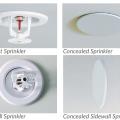 Four types of residential fire sprinkler heads: pendent, concealed, sidewall, and concealed sidewall. 