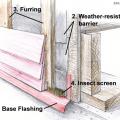 The furring strips that provide a drainage gap behind the lap siding are wrapped with ≤ 1/8-inch screen at the top and bottom of the wall to keep out bugs and burning embers.