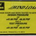Garage Door Label showing design wind pressures. 