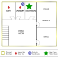 Floorplan showing a basement location for a heat pump water heater 