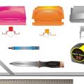 Hand tools for cutting fiber board sheets include a knife, straight edge, and color-coded edge-cutting tools