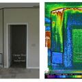 The grille in the photo on the left brings air into a return air plenum under an air handler platform. As shown in the infrared image on the right, the plenum is not air sealed so hot attic air is being pulled into the air handler closet. 