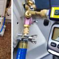   A vacuum decay test is performed on this ductless mini-split heat pump using a digital micron gauge for accurate measurement; a deep vacuum is achieved quickly by using large diameter, vacuum-rated hoses, and removing valve cores 