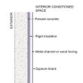This assembly for above-grade and below-grade garage walls in any climate zone uses continuous rigid insulation along the interior of the wall. 