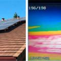 Roof-mounted solar panels shade the roof below them (left), significantly reducing the roof’s surface temperature (thermal image on the right - yellow region under the panels is cooler than the red and white region on the exposed portion of the roof)