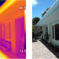 Infrared photometry shows the impact of a roof overhang on the south façade of a home, where the unshaded patio stonework is significantly hotter than the shaded portions of the patio and wall surfaces (temperature scale shown is in Celsius).