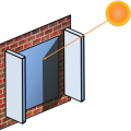 Vertical side-shading, such as these side fins, can provide effective summertime shading for north-facing windows, but are generally not recommended for other orientations due to their marginal performance and restricted views as compared to horizontal shading devices.