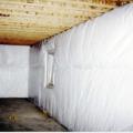 Wrong - Plastic-covered blanket insulation that is installed directly against concrete walls with no rigid foam or closed-cell spray foam covering the concrete could trap moisture coming through the concrete, leading to mold, moisture, and odor problems.