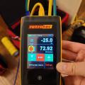 This digital manometer contains a pressure transducer used to determine pressure differences or flow rate for measuring air leakage in ducts; it is showing 72.92 cfm of leakage at 25 Pascals of depressurization of the ducts. 