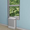 This depiction of a saddle installed window heat pump does not obstruct window use and provides fairly quiet 120 Volt operation