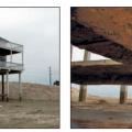 Scour around the grade beam of a house on piles from coastal flooding. 