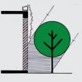 In hot climate zones, shade building surface with vegetation for passive cooling. 