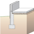 A concrete slab-on-grade foundation with exterior insulation, which can be elevated above the local grade as a flood-prevention strategy.