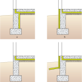 Right - Potential locations for slab-on-grade stem insulation in new construction: slab insulation should always be underneath, with stem walls insulated (a) inside, (b) outside, (c) not at all, or (d) outside with underground extension to repel moisture.