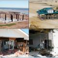 Buildings damaged by a hurricane storm surge: upper homes on gulf shoreline were hit by large waves above the lowest floor, lower left home on bay and right school 1.3 miles from gulf shoreline were hit by surge and small waves. 