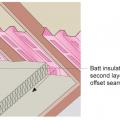 Batt insulation is installed in two layers with offset seams against the baffle to full code-required insulation height