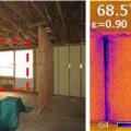 Infrared thermography during depressurization testing reveals air leakage at corner of spray foam-insulated room where wood-to-wood seams in framing were not air sealed