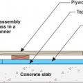 The existing slab is retrofitted with epoxy paint, rigid foam insulation, sleepers (furring strips), and subfloor.