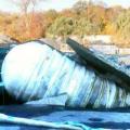 This underground storage tank in Rockaway River, NJ was lifted out of the ground by the buoyant force of flood waters