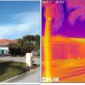 If a cool room is directly under an attic or roof, having lighter colored roofing (home on left) will reduce heat gain to the space as compared to darker roofing (home on right) because the temperature of the roof will be lower (see thermal image)