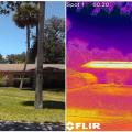 The standard asphalt shingle roof on this Florida home readily absorbs solar energy, allowing it to heat up to 140°F (60°C) as shown in the thermal image on the right
