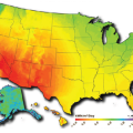 This map shows an annual average U.S. solar resource in kilowatt hours per day of solar energy available per square meter.