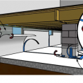 Vapor retarder already applied to the floor of the crawlspace and wrapping up  the interior perimeter walls, lapped and sealed at the seams