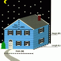 The volume of a home with a pitched roof an attic space can be calculated using height, width, length, and attic height dimensions.
