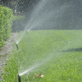 Lawn sprinklers are aimed to efficiently water turfgrass.