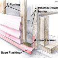 Furring strips provide drainage gap behind lap siding; screen is added at bottom and top to prevent entry of insects and wildfire embers