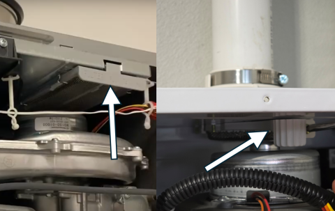 The white arrows indicate the location of the air filters in two different tankless water heaters.