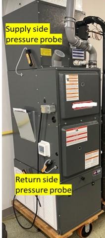 A static pressure measurement is taken on this air handler using probes on the supply and return sides of the fan. 