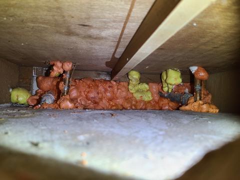 The holes around these plumbing pipes in the floor slab and in the sink cabinet have been sealed with canned spray foam to stop air leakage. 