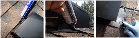 Apply roof sealant along the top edge and sides of the vent and use sealant to cover any exposed roof nails 