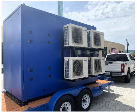 This packaged central heat pump water heating system has the heat pumps on the exterior of the blue enclosure, and the storage tanks, temperature maintenance equipment, mixing valve, and control modules on the inside