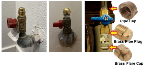 Capping off a gas line; left gas shutoff valve in the off position, end cap not installed; middle, gas shutoff valve is set to off and flare end cap installed; right, different gas plug options.