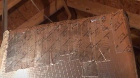 Clean the dust off the duct board where the tape will be applied. Apply a robust amount of Foil-Scrim-Kraft (FSK) duct tape.