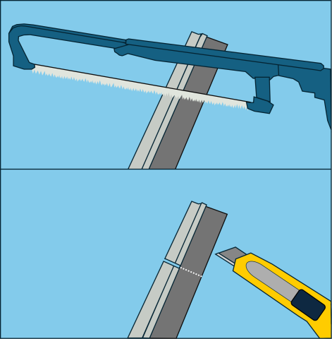 Cut the door sweep to size, using a hacksaw for the solid metal or plastic portion and either a utility knife or a pair of scissors for the vinyl portion.