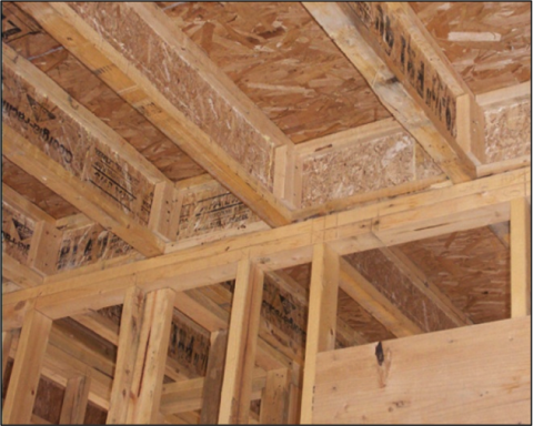 The I-joist is continuous along the shared wall and serves as a natural air barrier between the garage and the house