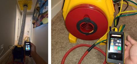 A duct leakage test is performed on a ducted heat pump system using a duct tester (blower fan) and a digital manometer. 