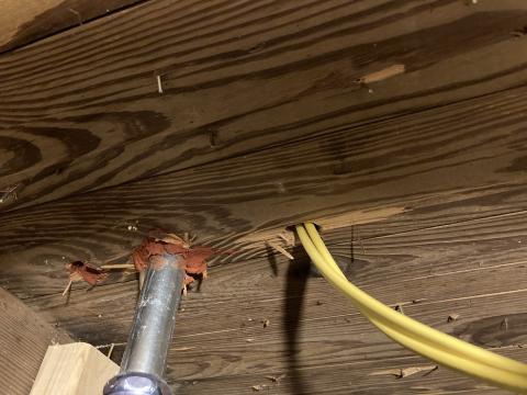 The electrical conduit (metal) on the left has been sealed to the subfloor using fire-rated caulk, while the penetration for the yellow electrical wire on the right has not been air-sealed yet.