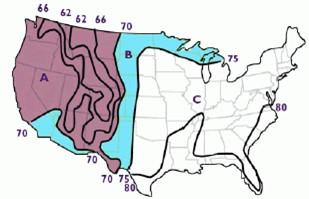 Evaporative cooling is most appropriate in areas where the summer design mean coincident wet bulb temperature is less than 70°F, shown in purple here and labeled as region “A”