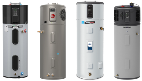 Examples of heat pump water heaters with water pipe connections on top.